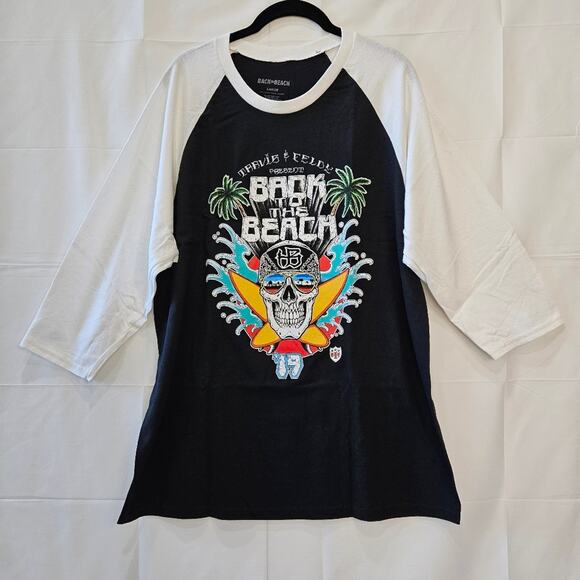 Back To The Beach Raglan Two Tone Graphic Black White Tee Size Large - Picture 1 of 6